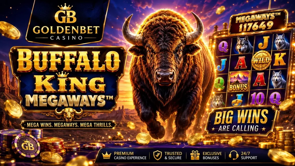 Goldenbet Casino Buffalo King Megaways article image with a powerful buffalo, glowing slot reels, gold coins, casino chips, and western-style jackpot visuals.