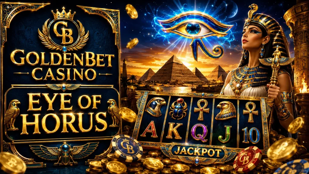 Goldenbet Casino Eye of Horus article image with an Egyptian queen, glowing Eye of Horus symbol, pyramids, slot reels, gold coins, and jackpot casino chips.