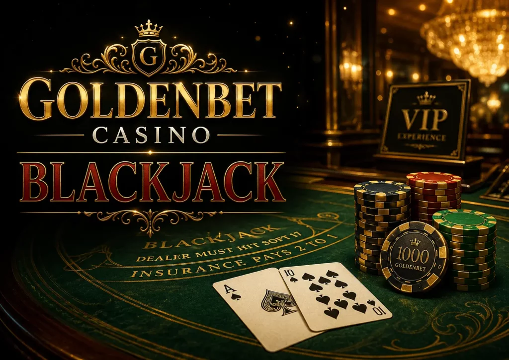 Goldenbet Casino Blackjack banner with luxury playing cards, casino chips, green blackjack table, and elegant gold casino lighting.