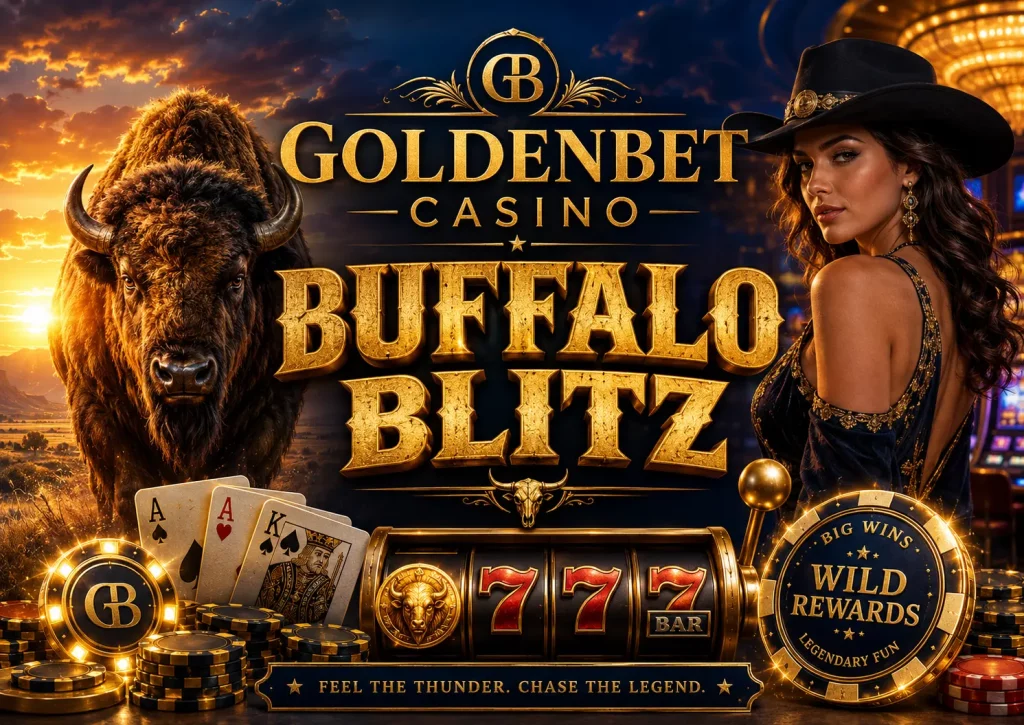 Goldenbet Casino Buffalo Blitz banner with a powerful buffalo, Wild West sunset background, casino chips, playing cards, slot reels, and a glamorous casino-style woman.