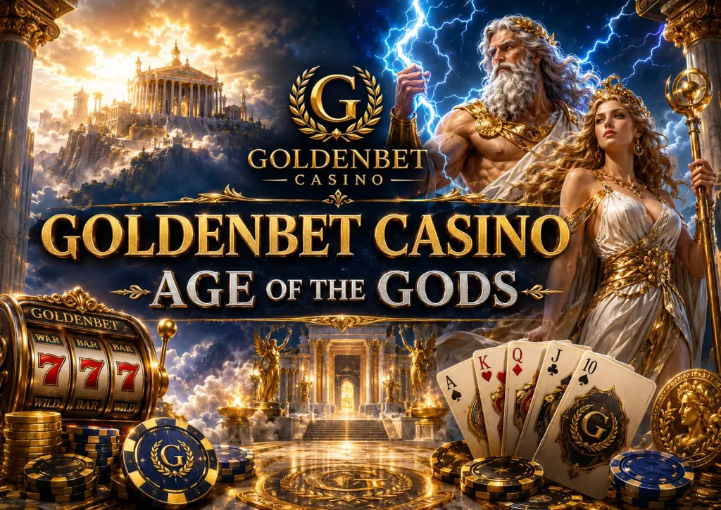 Goldenbet Casino Age of the Gods banner with mythological temple scenery, lightning-filled sky, god and goddess figures, casino chips, playing cards, and a gold-themed slot machine.