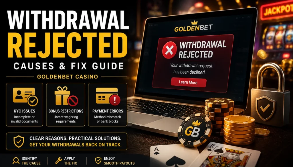 Goldenbet Casino promotional graphic showing a “Withdrawal Rejected” warning on a laptop screen, with explanations of common causes such as KYC issues, bonus restrictions, and payment errors, set in a dark gold casino-themed design with chips and security icons emphasizing payout problems and solutions.
