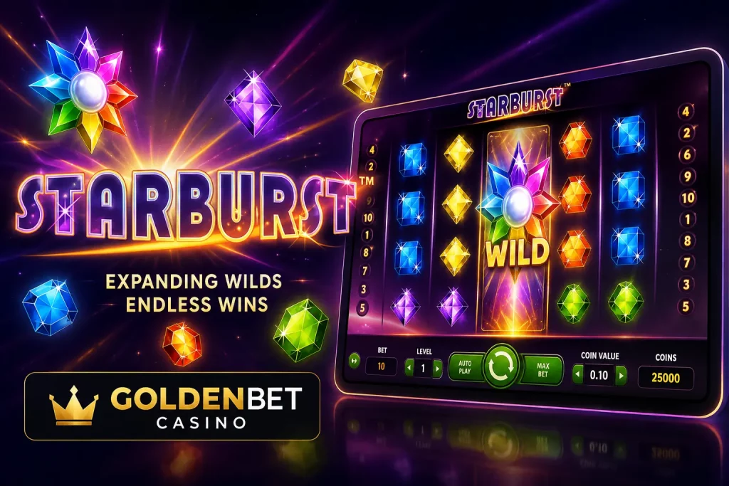 Bright neon Starburst slot promotional banner for Goldenbet Casino showing glowing gems, expanding Wild symbol on reels, and a cosmic dark purple background with vibrant casino-style lighting effects.