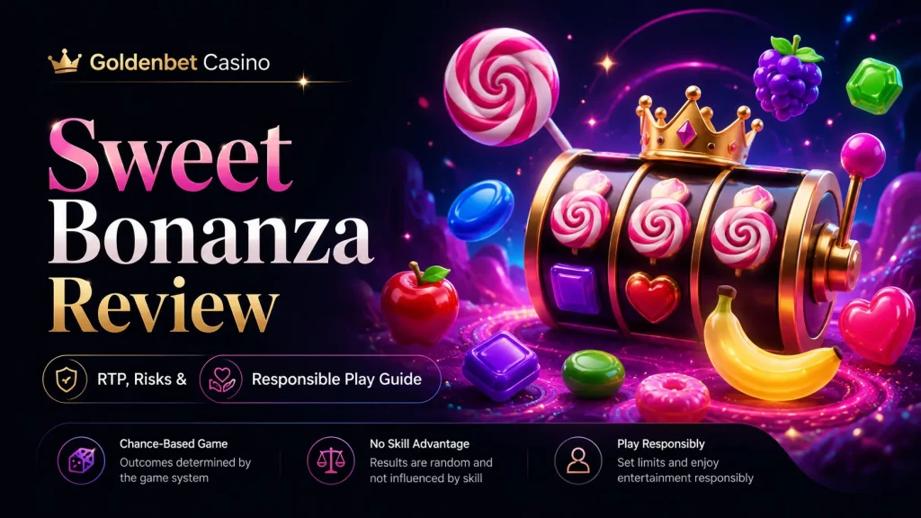 Sweet Bonanza Review banner for Goldenbet Casino with candy slot reels, RTP risks, and responsible play guide.