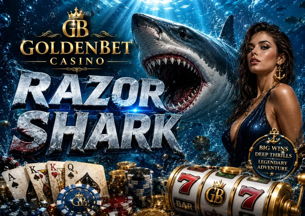 Goldenbet Casino Razor Shark banner with a great white shark, underwater casino scene, poker chips, playing cards, slot reels, gold coins, and a glamorous marine-style casino woman.
