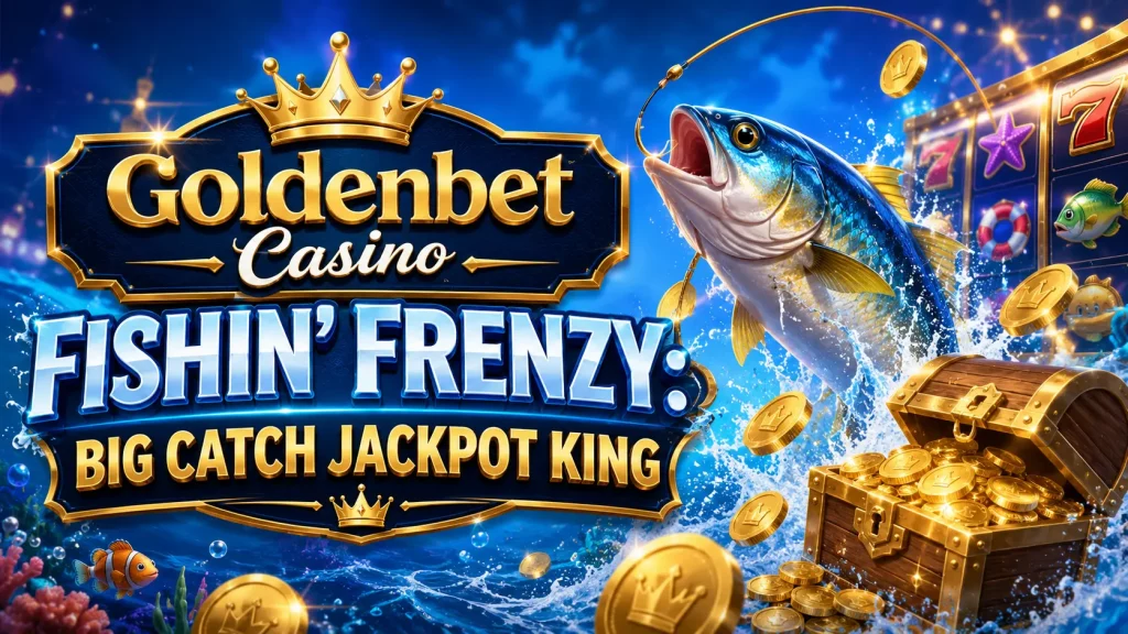 Goldenbet Casino Fishin’ Frenzy Big Catch Jackpot King banner with jumping fish, gold coins, treasure chest, slot symbols, and blue ocean casino background.