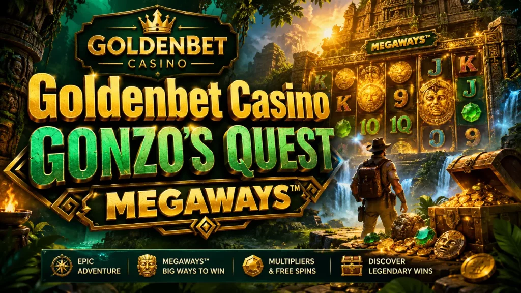 Goldenbet Casino Gonzo’s Quest Megaways banner with jungle ruins, treasure, gold coins, slot reels, and an explorer adventure theme.