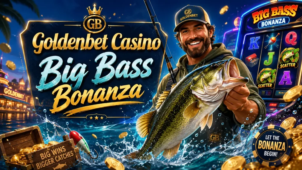 Goldenbet Casino Big Bass Bonanza article image with a smiling fisherman holding a large bass, casino slots, gold coins, and fishing-themed bonus visuals.