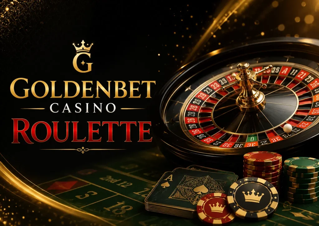 Goldenbet Casino Roulette banner with a luxury roulette wheel, gold casino chips, playing cards, and dark elegant casino background.