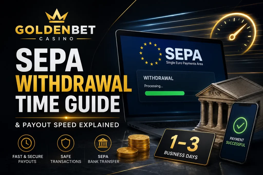 Wide digital casino banner illustrating Goldenbet SEPA withdrawal time guide, showing bank transfer concept, payout speed visualization, euro payment system, and fast secure online banking process with dark gold theme.