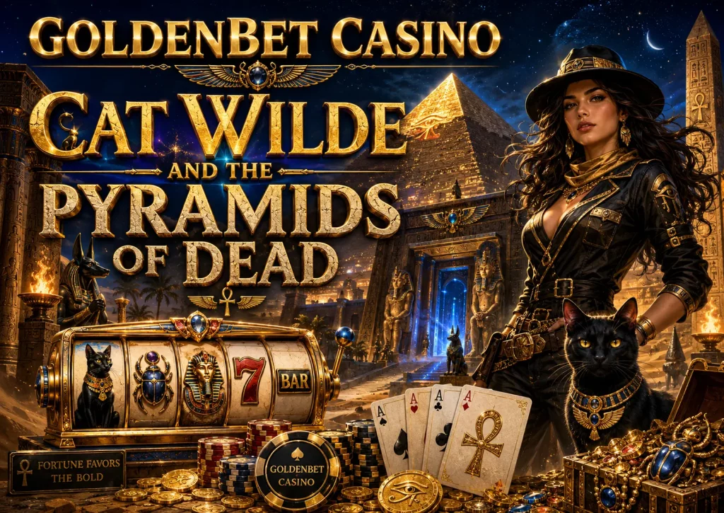 Goldenbet Casino Cat Wilde and the Pyramids of Dead banner with Egyptian pyramids, temple ruins, black cat, explorer woman, slot reels, casino chips, playing cards, and golden treasure.