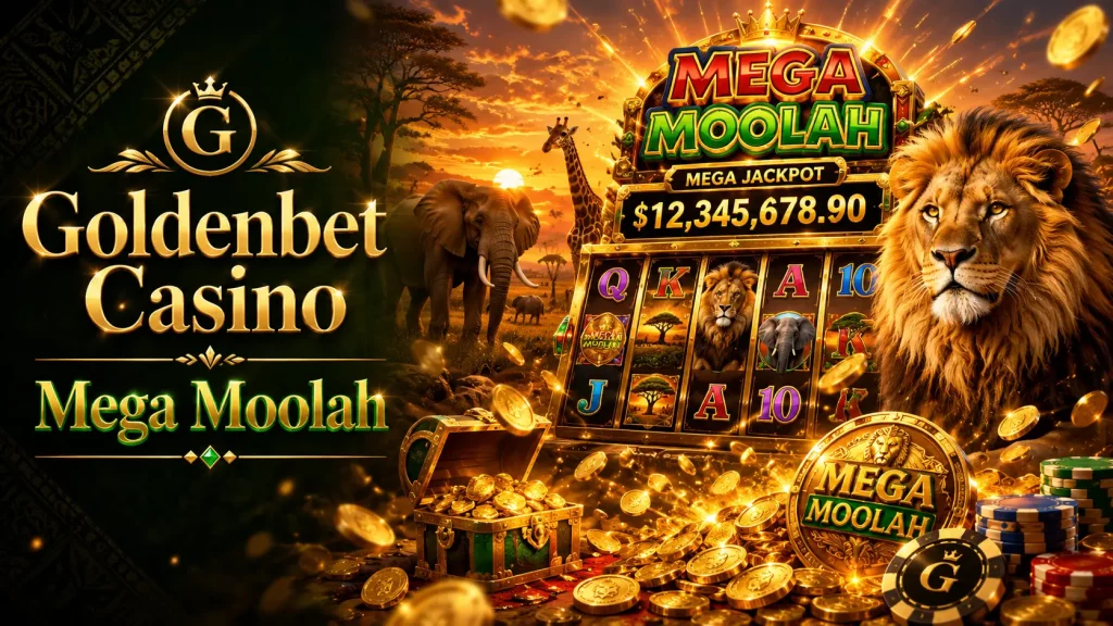 Goldenbet Casino Mega Moolah article image with a safari jackpot theme, lion, elephant, giraffe, glowing slot reels, gold coins, and casino chips.