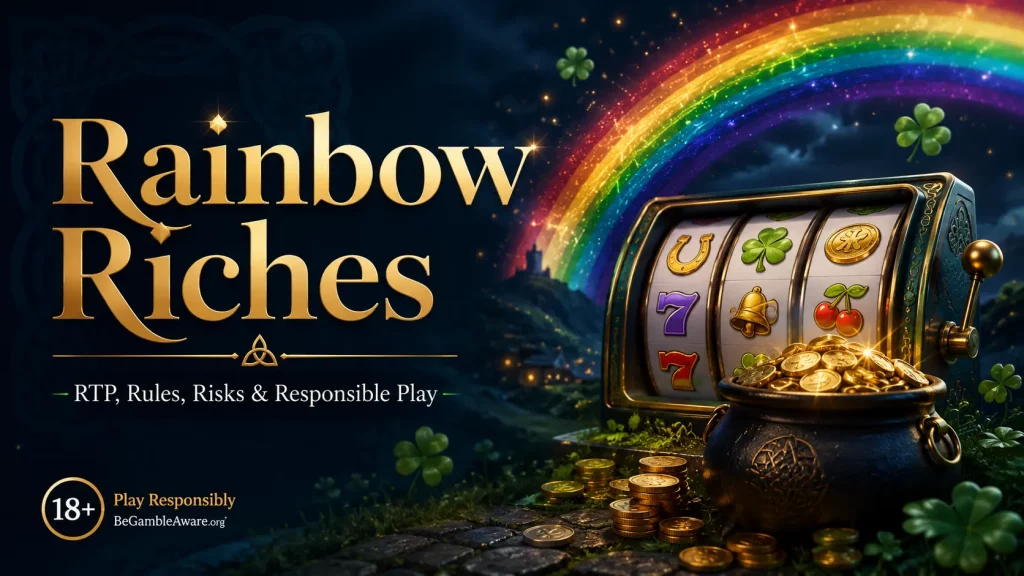 Rainbow Riches slot banner with rainbow, gold coins, clovers and responsible play notice