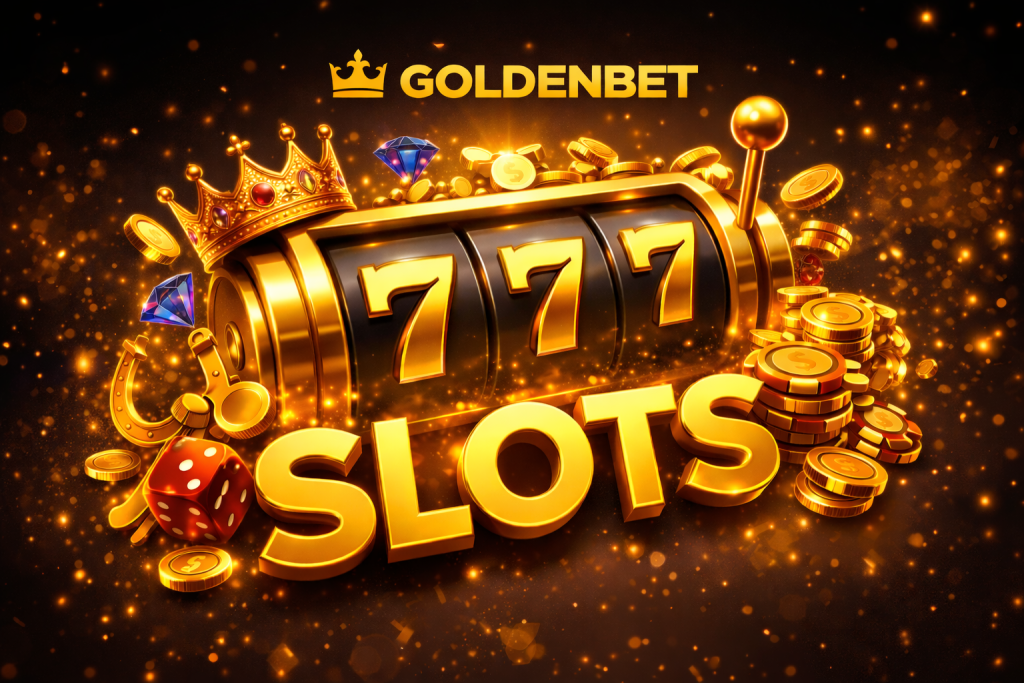 Goldenbet Casino Slots banner featuring branded logo, slot reels, jackpot coins, and neon gaming interface
