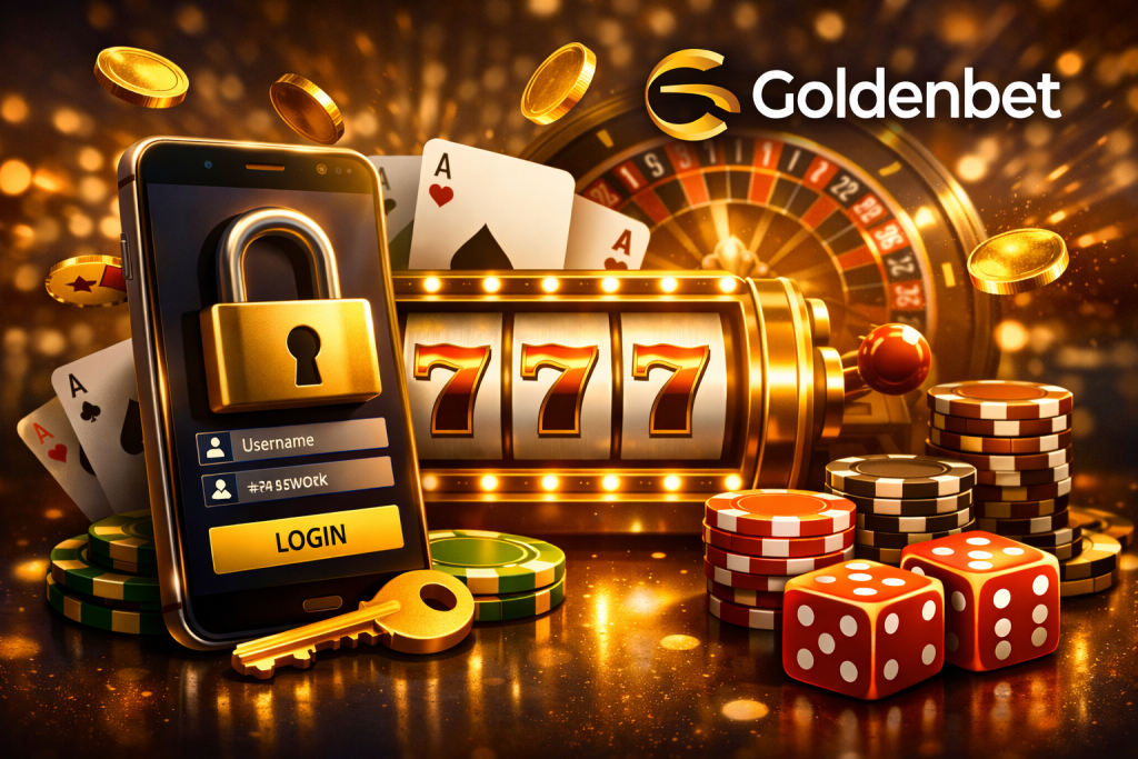 Goldenbet Casino login banner featuring brand logo, secure account access interface, and digital authentication visuals for UK players