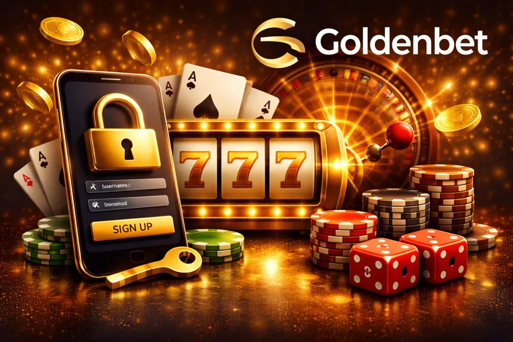 Goldenbet Casino sign up banner featuring the Goldenbet logo, secure registration interface, and digital account creation elements for UK players.